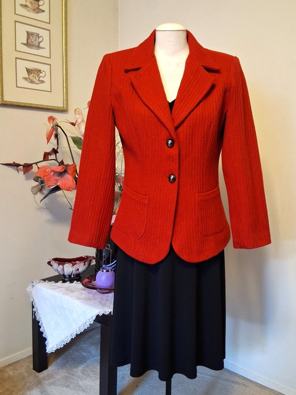 Women Cotton Blend Red Lined Blazer Jacket Wrinkle Resistant Tailored Blazers S